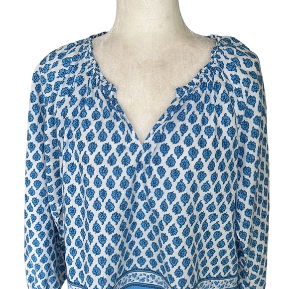 J. Crew Blue & White Block Floral Paisley Print Boho Popover Top - M - Picture 7 of 16